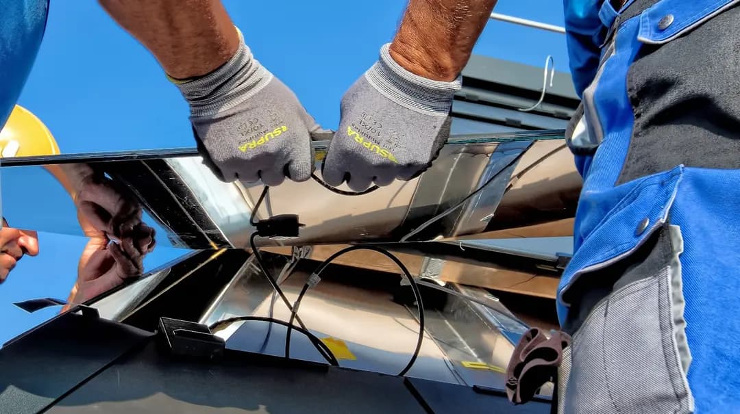 Técnicos instalando módulos de painel solar em um telhado